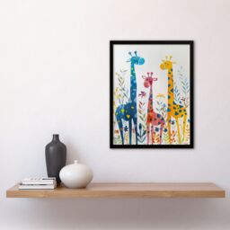 Artery8 Cute Giraffe Family Blue Orange Pink Watercolour Framed Wall Art - Size: A4 - thumbnail 4