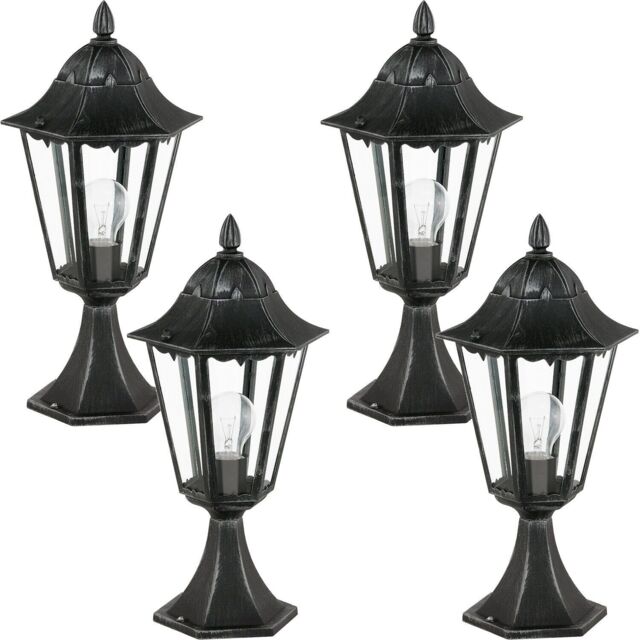 Loops 4 PACK IP44 Outdoor Pedestal Light Black & Silver Patina Lantern 1x 60W E27 - image 1