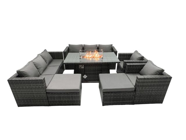 Fimous Rattan Garden Furniture Firepit Dining Set 10 Seater Lounge Sofa Table Set with 2 big Footstool in Dark Grey - image 1