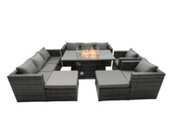 Fimous Rattan Garden Furniture Firepit Dining Set 10 Seater Lounge Sofa Table Set with 2 big Footstool in Dark Grey - thumbnail 1