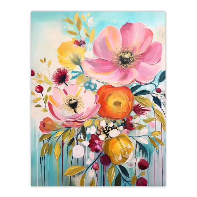 "Artery8 Teal Pink Yellow Flowers Bright Elegant Oil Painting Vibrant Spring Blooms Extra Large XL Unframed Wall Art Poster Print - Size: W24"" x H32""" - image 1