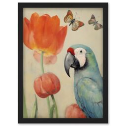 Artery8 Wall Art Print Parrot & Tulips Flowers Butterflies Pastel Colour Artwork Floral Spring Oil Painting Artwork Framed A4 in Black - thumbnail 1