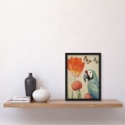 Artery8 Wall Art Print Parrot & Tulips Flowers Butterflies Pastel Colour Artwork Floral Spring Oil Painting Artwork Framed A4 in Black - thumbnail 2