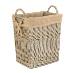 Red Hamper Wicker Small Rectangular Hessian Lined Log Basket in Brown