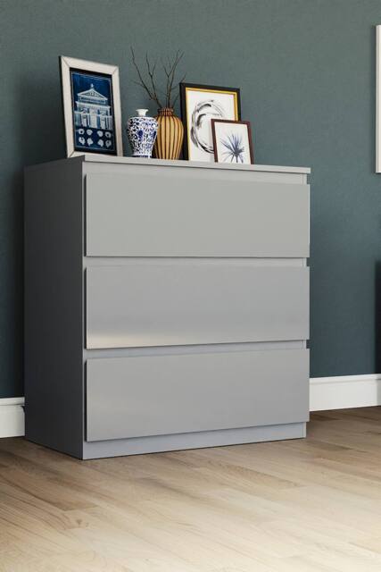 HD Designs Glinton 3 Drawer Chest of Drawers High Gloss Bedroom Furniture in Grey - image 1