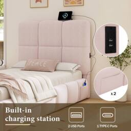 Matteo Pink Velvet Upholstered Single Kids Bed with Hydraulic Storage & USB - thumbnail 5