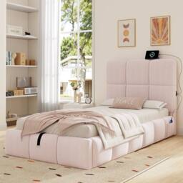 Matteo Pink Velvet Upholstered Single Kids Bed with Hydraulic Storage & USB - thumbnail 2