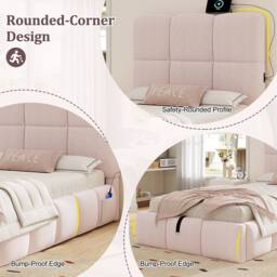Matteo Pink Velvet Upholstered Single Kids Bed with Hydraulic Storage & USB - thumbnail 6