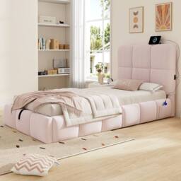 Matteo Pink Velvet Upholstered Single Kids Bed with Hydraulic Storage & USB - thumbnail 4