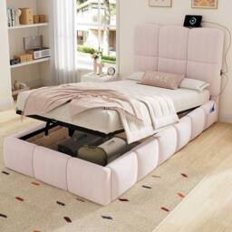 Matteo Pink Velvet Upholstered Single Kids Bed with Hydraulic Storage & USB - thumbnail 1