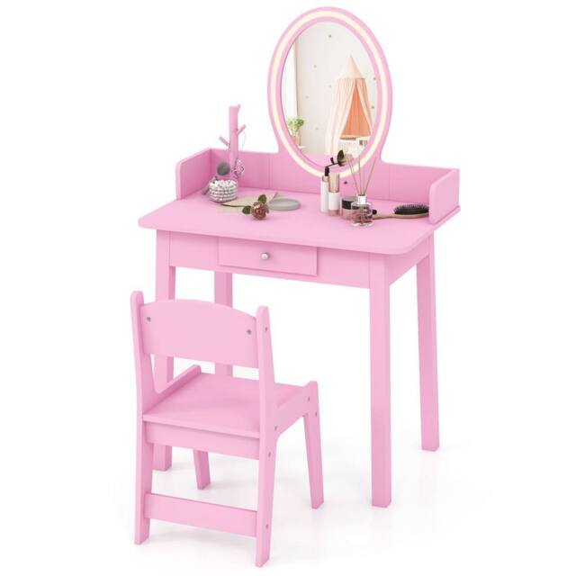 Costway Kids Vanity Set Makeup Beauty Dressing Table w/ Lighted Mirror-Pink in Pink - image 1