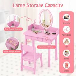 Costway Kids Vanity Set Makeup Beauty Dressing Table w/ Lighted Mirror-Pink in Pink - thumbnail 4