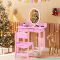 Costway Kids Vanity Set Makeup Beauty Dressing Table w/ Lighted Mirror-Pink in Pink - thumbnail 2