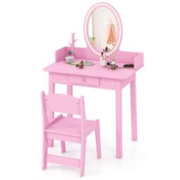 Costway Kids Vanity Set Makeup Beauty Dressing Table w/ Lighted Mirror-Pink in Pink