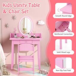 Costway Kids Vanity Set Makeup Beauty Dressing Table w/ Lighted Mirror-Pink in Pink - thumbnail 6