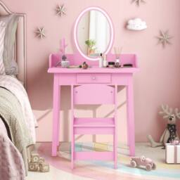 Costway Kids Vanity Set Makeup Beauty Dressing Table w/ Lighted Mirror-Pink in Pink - thumbnail 3