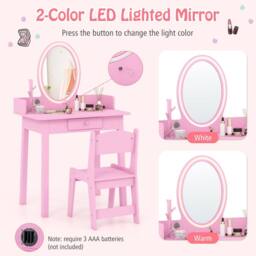 Costway Kids Vanity Set Makeup Beauty Dressing Table w/ Lighted Mirror-Pink in Pink - thumbnail 5