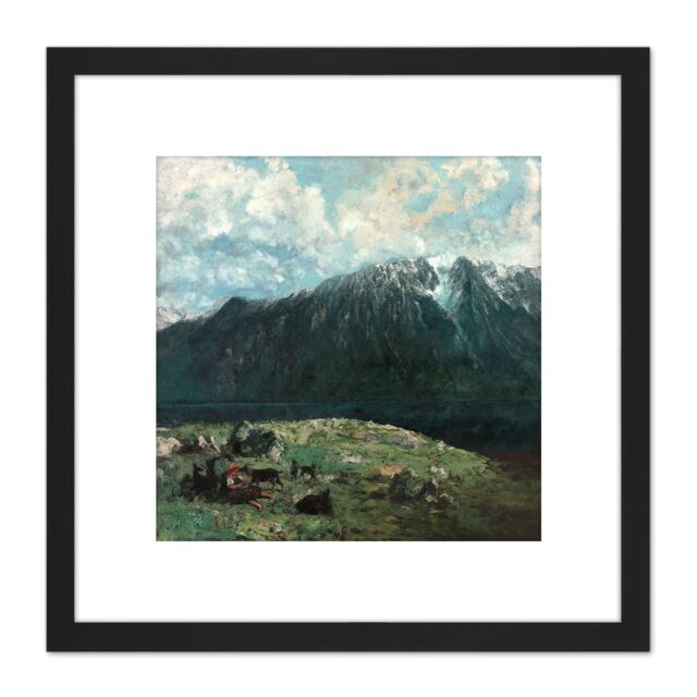 Artery8 Courbet View Of Alps Les Dents Du Midi 8X8 Inch Square Wooden Framed Wall Art Print Picture with Mount in Black - image 1