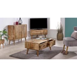 IH Design Ryley Light Mango Wood Corner TV Stand in Natural - thumbnail 4