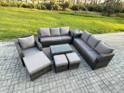Fimous 10 Seater Rattan Lounge Sofa Set Outdoor Garden Furniture Set with Rectangular Coffee Table 3 Seater Sofa 3 Footstools Side Table in Dark Grey - thumbnail 2
