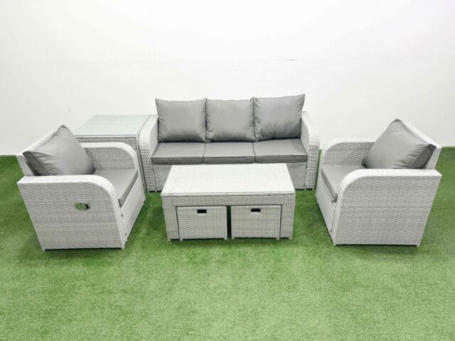 Fimous PE Rattan Garden Furniture Set Reclining Chair Sofa Lounge Sofa Set Rectangular Coffee Table Side Table 2 Small Stools Light Grey - image 1