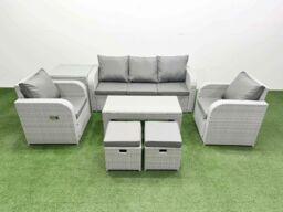 Fimous PE Rattan Garden Furniture Set Reclining Chair Sofa Lounge Sofa Set Rectangular Coffee Table Side Table 2 Small Stools Light Grey - thumbnail 2
