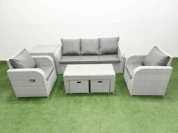 Fimous PE Rattan Garden Furniture Set Reclining Chair Sofa Lounge Sofa Set Rectangular Coffee Table Side Table 2 Small Stools Light Grey - thumbnail 1
