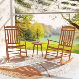 Costway Outdoor Patio Wood Rocking Chair Garden High Back Poplar Wood Rocker in Brown - thumbnail 3