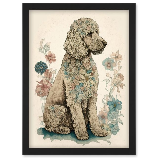 Artery8 Poodle Dog with Flower Fur Coat Modern Boho Watercolour Illustration Artwork Framed Wall Art Print A4 in Black - image 1