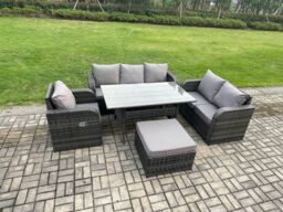 Fimous 7 Seater Garden Rattan Furniture Dining Table Sofa Set Indoor Outdoor with Reclining Chairs Big Footstool Dark Grey Mixed - thumbnail 2