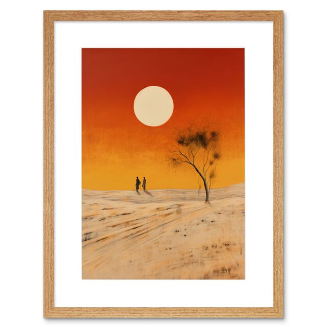 "Artery8 Wall Art Print Desert Landscape Sunset Sun Oil Painting Amber Orange Yellow Windswept Dunes Artwork Framed 9X7 Inch in Beige - Size: W7"" x H9""" - image 1