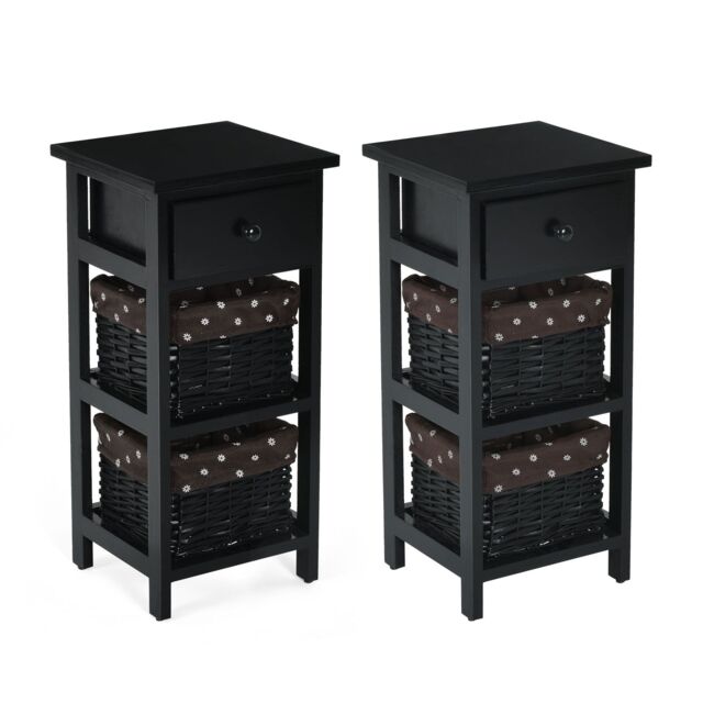 Costway Set of 2 3-Tier Chest of Drawers Side Table Beside Table Nightstand W/2 Baskets in Black - image 1