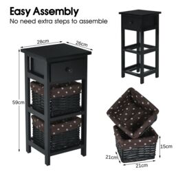 Costway Set of 2 3-Tier Chest of Drawers Side Table Beside Table Nightstand W/2 Baskets in Black - thumbnail 2