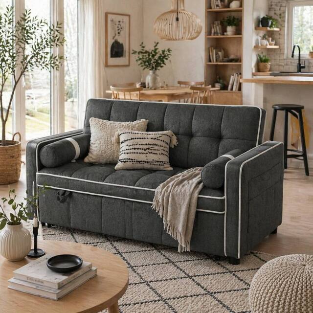 Wyld Haus Tapa Linen Effect 2 Seater Sofa Bed Charcoal Grey with White Trim - image 1