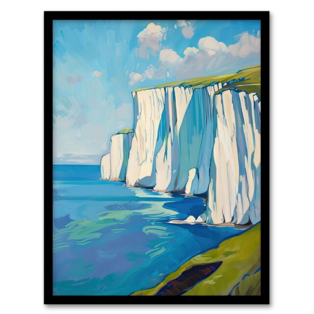"Artery8 White Cliffs of Dover Coastal Landscape Painting Framed Art Print in Blue - Size: W12"" x H16""" - image 1