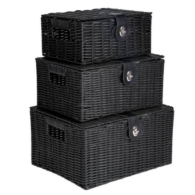 Havendro Black Resin Wicker Basket Hamper Storage With Lids Set of 3 - image 1