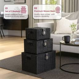 Havendro Black Resin Wicker Basket Hamper Storage With Lids Set of 3 - thumbnail 3