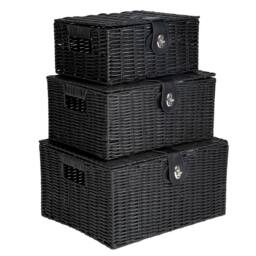 Havendro Black Resin Wicker Basket Hamper Storage With Lids Set of 3