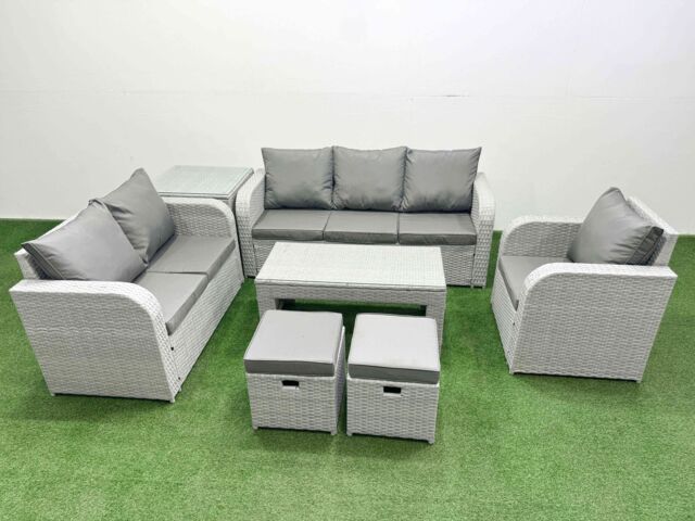 Fimous Patio PE Wicker 8 Seater Outdoor Rattan Furniture Sofa Sets w/ Oblong Coffee Table Reclining Chair Loveseat Sofa 3 Seater Sofa Stool Side - image 1