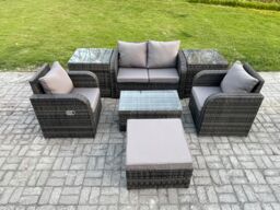 Fimous Wicker PE Rattan Outdoor Furniture Set Garden Love Sofa Coffee Table 2 Armchair 2 Side Tables Footstool Dark Grey Mixed - thumbnail 1
