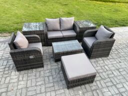 Fimous Wicker PE Rattan Outdoor Furniture Set Garden Love Sofa Coffee Table 2 Armchair 2 Side Tables Footstool Dark Grey Mixed - thumbnail 2