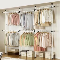 House of Home Wardrobe Triple Telescopic Organise Hanging Rail Clothes Rack Adjustable Storage in White