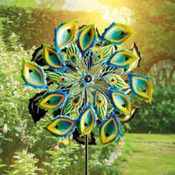 mysmartbuy Peacock Feather Wind Spinner - Weather Resistant Double-Sided Hand Painted Colourful Garden Sculpture - Measures H90 x W35 x D15cm