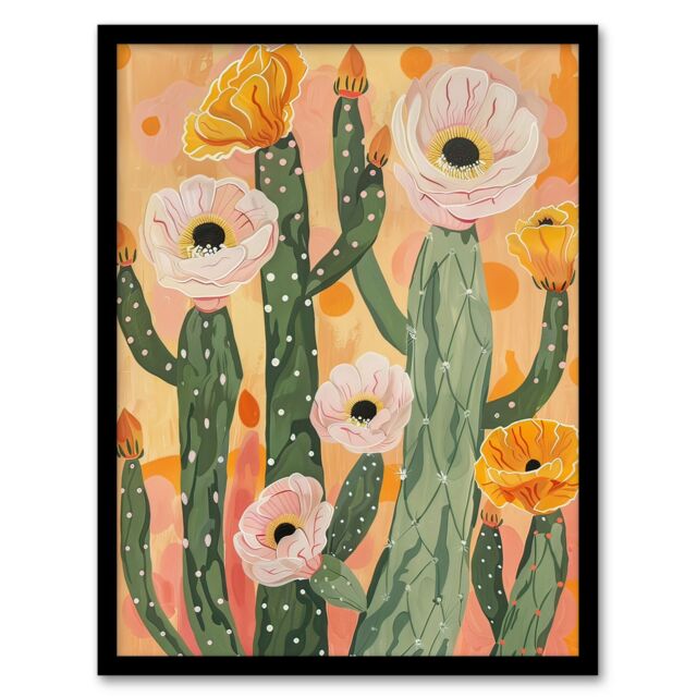 Artery8 Pastel Pink Cactus Flower Blossom Painting Soft Framed Art Print in Orange - Size: A4 - image 1