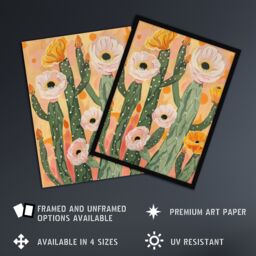 Artery8 Pastel Pink Cactus Flower Blossom Painting Soft Framed Art Print in Orange - Size: A4 - thumbnail 2