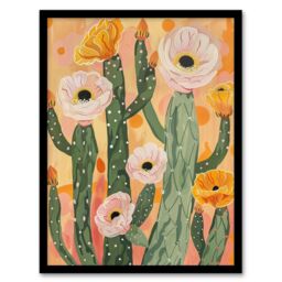 Artery8 Pastel Pink Cactus Flower Blossom Painting Soft Framed Art Print in Orange - Size: A4 - thumbnail 1