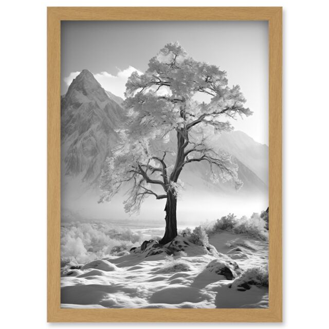 Artery8 Wall Art Print Frozen Tree in Snowy Mountain Landscape Bright Black & White Photograph Winter Sunrise Crisp Morning Light Artwork Framed A4 - image 1