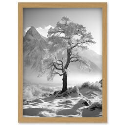 Artery8 Wall Art Print Frozen Tree in Snowy Mountain Landscape Bright Black & White Photograph Winter Sunrise Crisp Morning Light Artwork Framed A4 - thumbnail 1