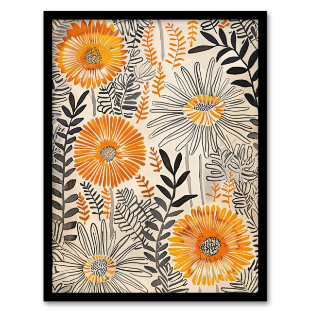 "Artery8 Orange Marigold Flowers Abstract Floral Design Framed Art Print in Yellow - Size: W12"" x H16""" - image 1