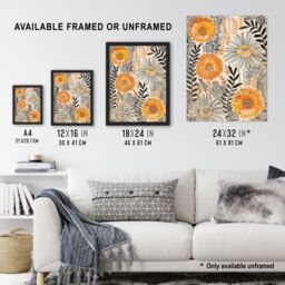 "Artery8 Orange Marigold Flowers Abstract Floral Design Framed Art Print in Yellow - Size: W12"" x H16""" - thumbnail 3